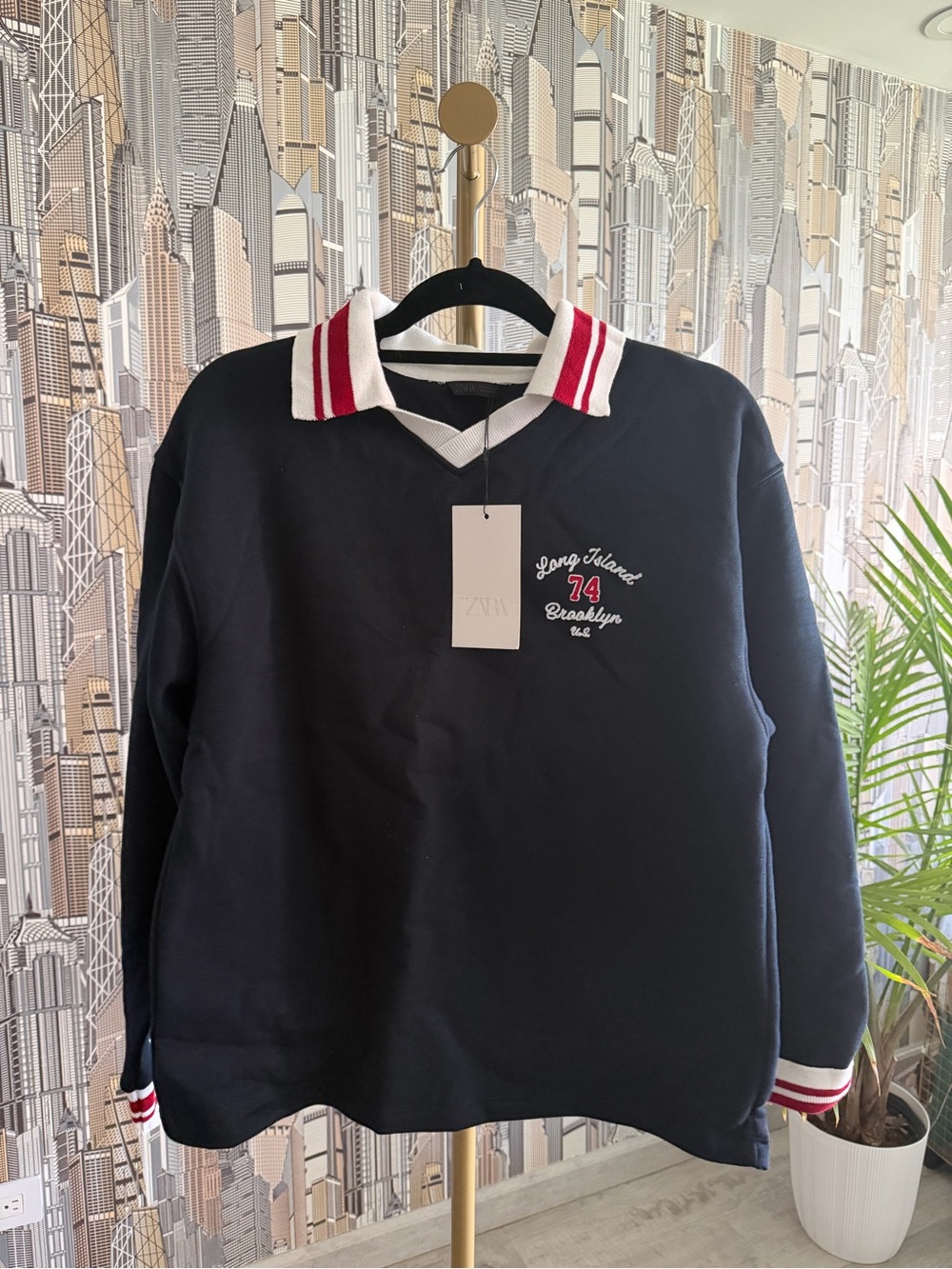 Zara Navy V-Neck Sweater with Red & White Trim